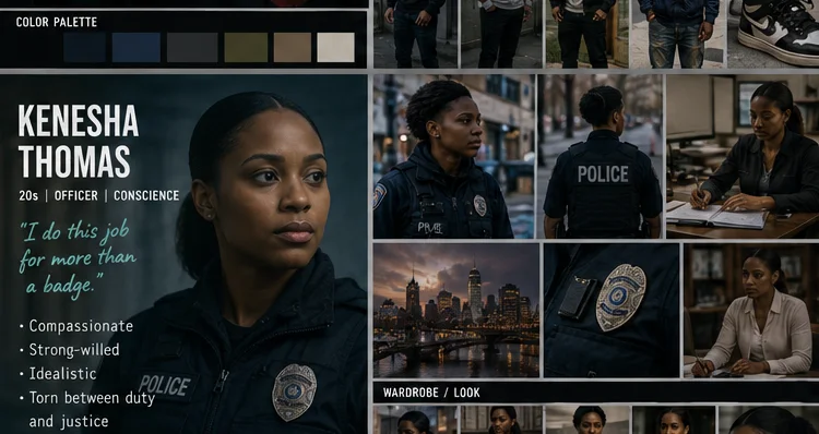 Kenesha Thomas character and costume board — officer, conscience, torn between duty and justice