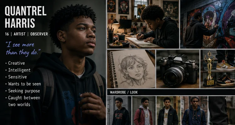 Quantrel Harris character and costume board — artist, observer, caught between two worlds