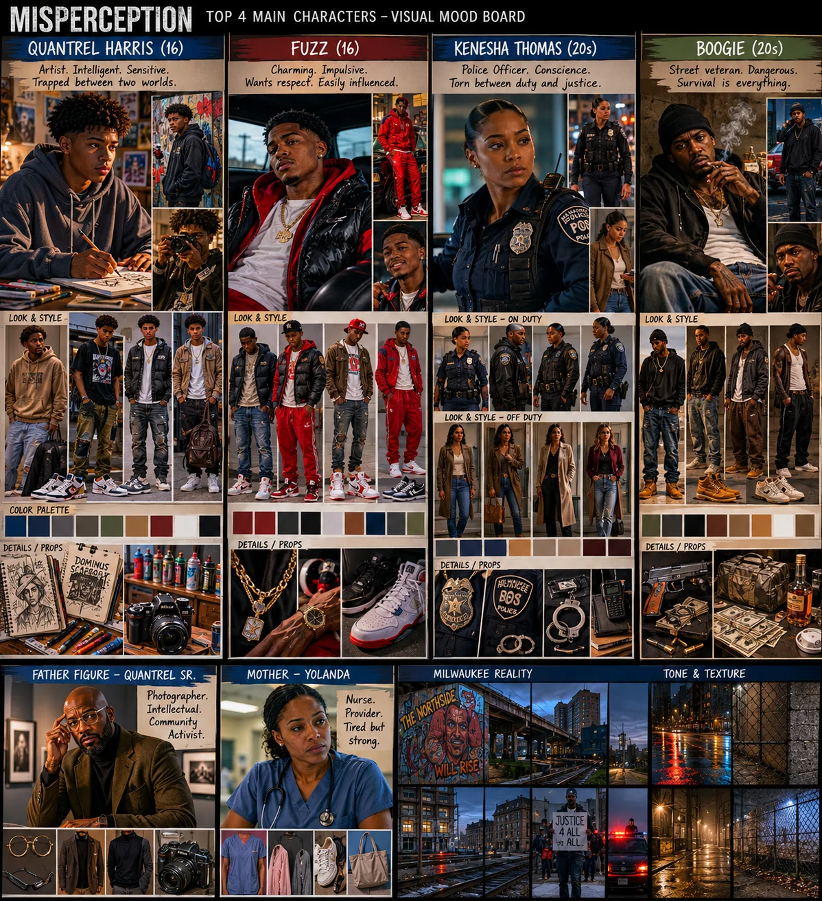Full ensemble character mood board with Quantrel Sr. and Yolanda, wardrobe, props, and Milwaukee reality