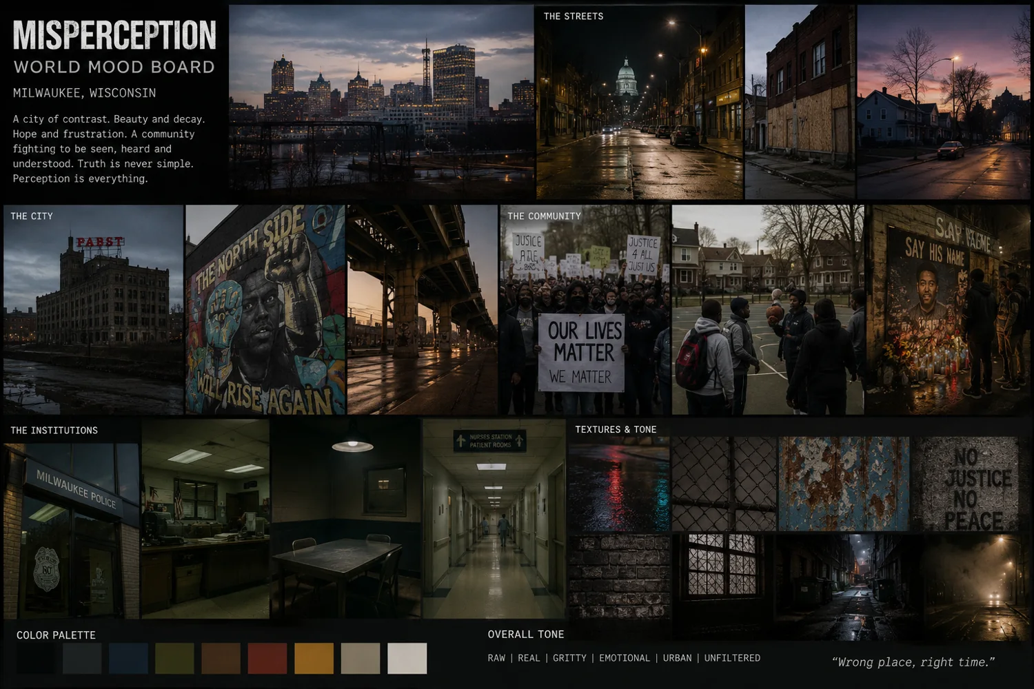World of Misperception tone board &mdash; color palette and overall tone